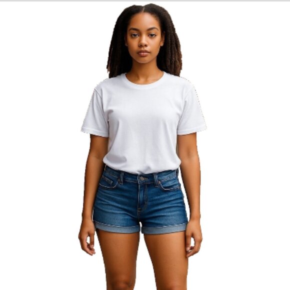 Forever 21 Women’s Blue Jean Shorts Size 5 Cuffed Stretch Pockets EUC Shading - Picture 9 of 10